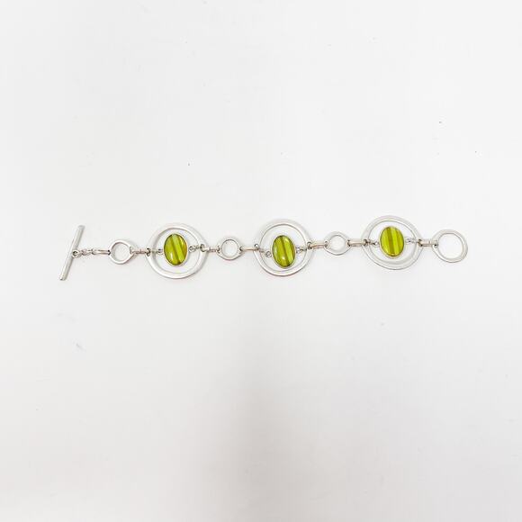 Boutique Silver Tone and Green Yellow Gemstone Bracelet Circle Toggle Closure - Picture 1 of 10